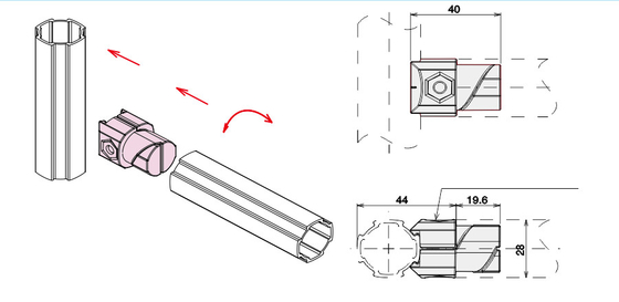 Internal Joint Aluminum Connector Diameter 28mm Sandblasted Silver AL-1-S(1.7)