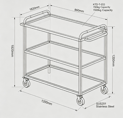 KTD-T-033 SUS201 Stainless Steel Kraft Paper Storage Trolley, 1820x860x1200mm, 150kg Load, With 6 Inch Silent Caster Wheels