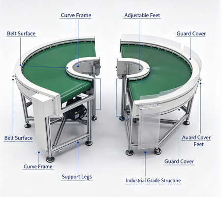 Turning Belt Conveyor 90 & 180 Degree Anti-static PVC Curve Conveyor Line